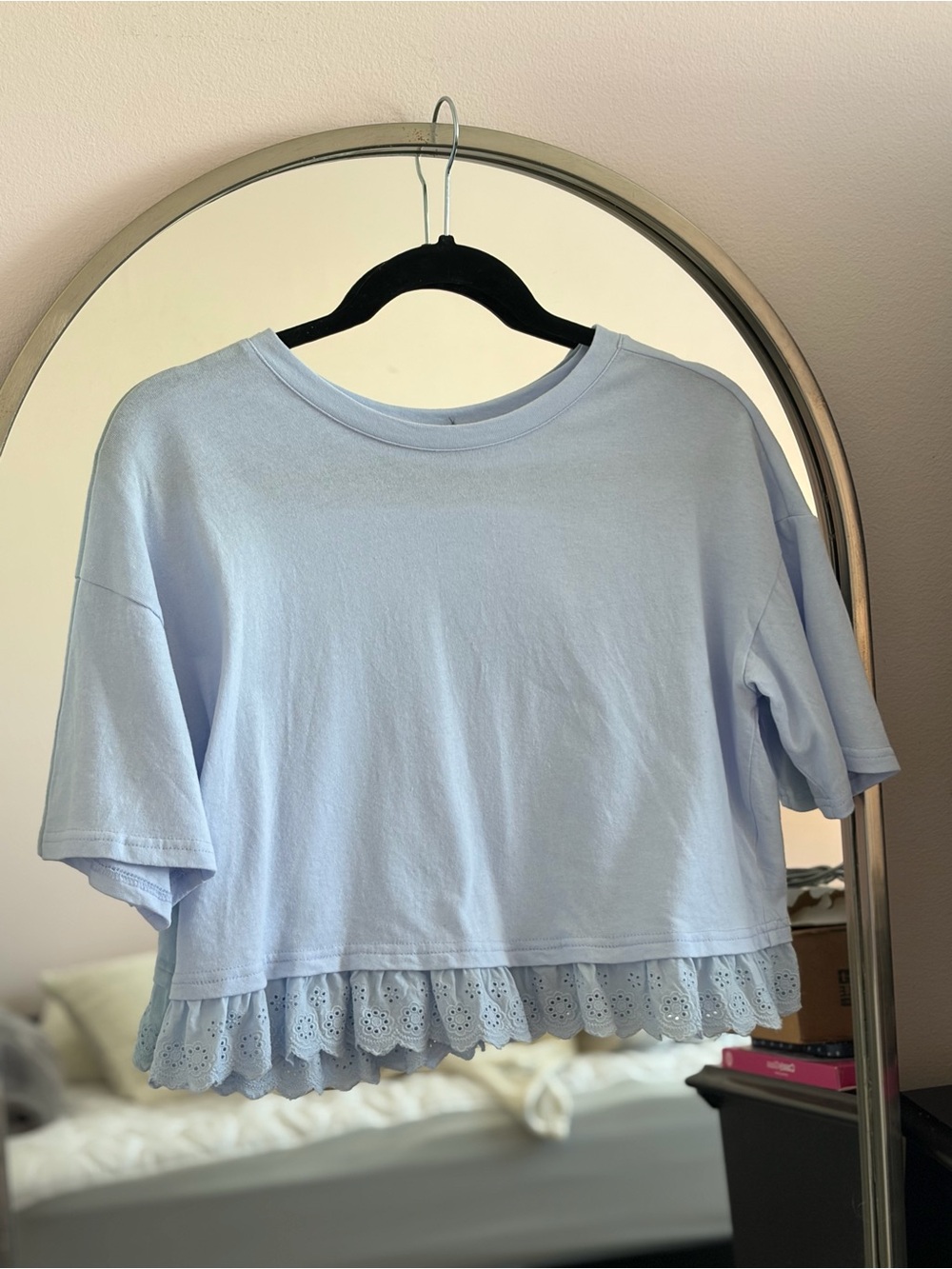 Papermoon Light Blue Cropped Tee with Eyelet Lace Hem